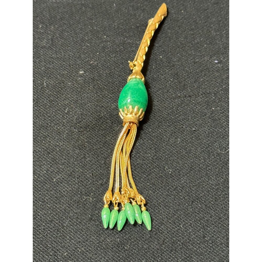 Vintage Gold Tone  Brooch With  Turquoise & Gold Chain And Turquoise Tassel